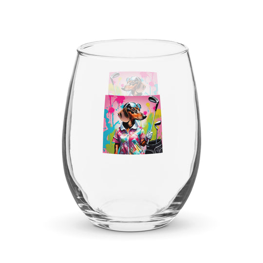 Dachshund Golfer- Stemless Wine Glass v4