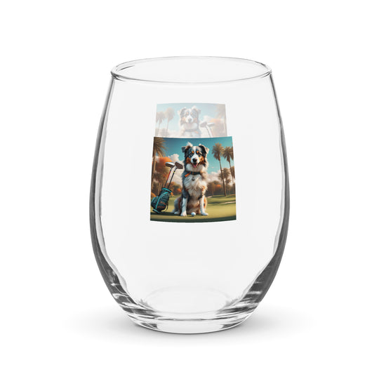 Australian Shepherd Golfer- Stemless wine glass v2