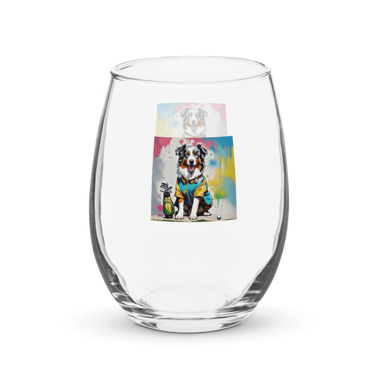 Australian Shepherd Golfer- Stemless wine glass v3