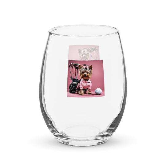 Yorkshire Terrier Golfer- Stemless wine glass