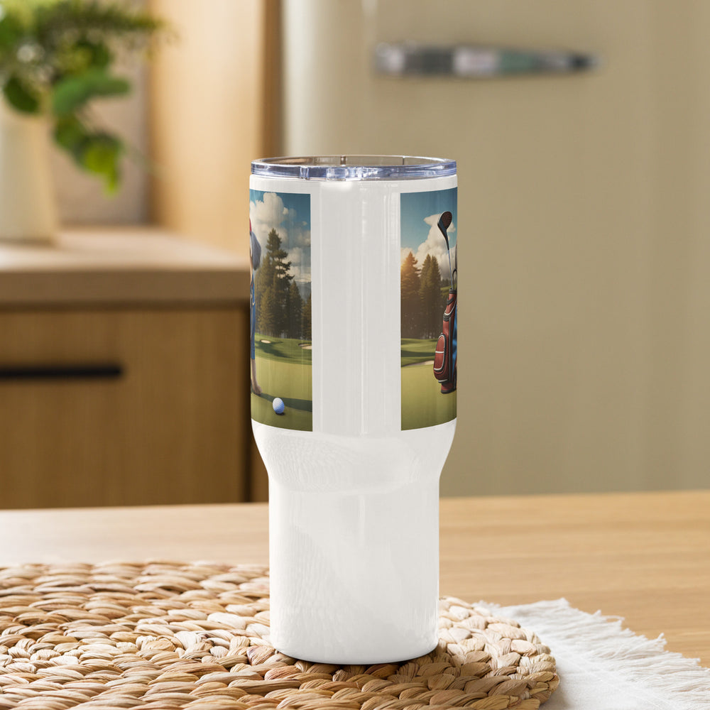 Yorkipoo Golfer- Travel mug with a handle v16