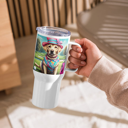 Travel mug with a handle-Labrador Retriever Golfer V11