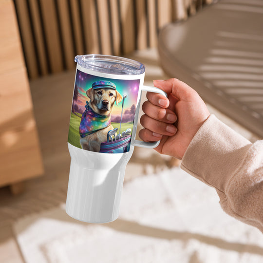 Travel mug with a handle-Labrador Retriever Golfer V22