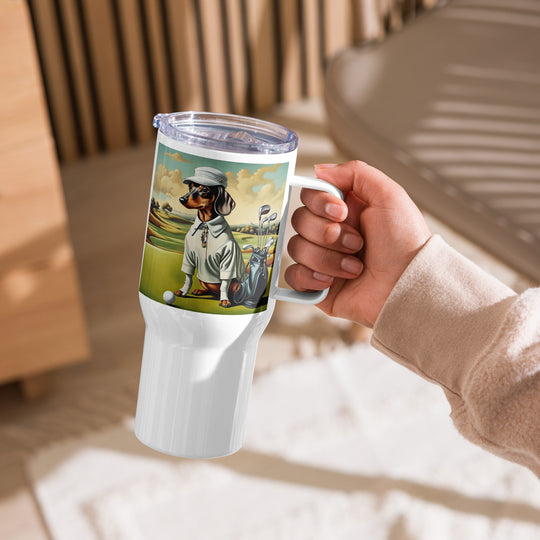 Dachshund Golfer- Travel mug with a handle v3