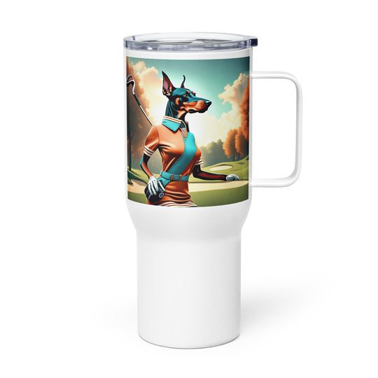 Doberman Pinscher Golfer- Travel mug with a handle