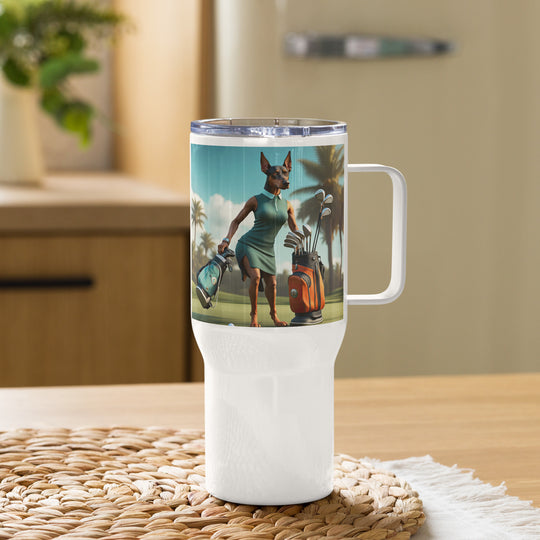 Doberman Pinscher Golfer- Travel mug with a handle v2