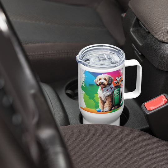 Bernedoodle Golfer- Travel mug with a handle v3