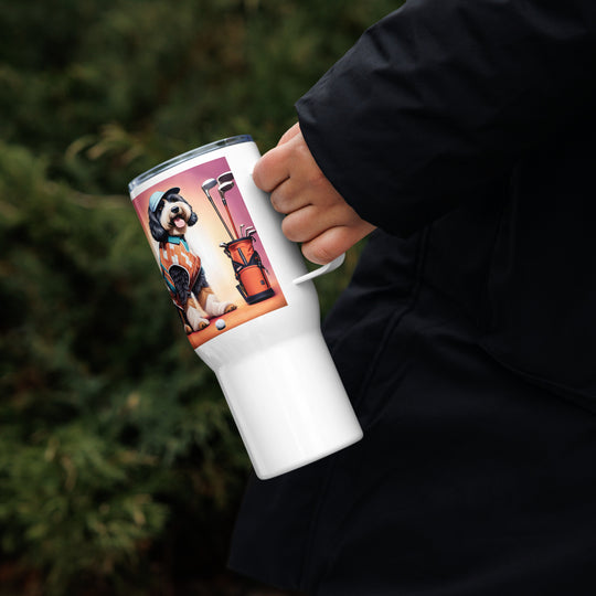 Bernedoodle Golfer- Travel mug with a handle v4