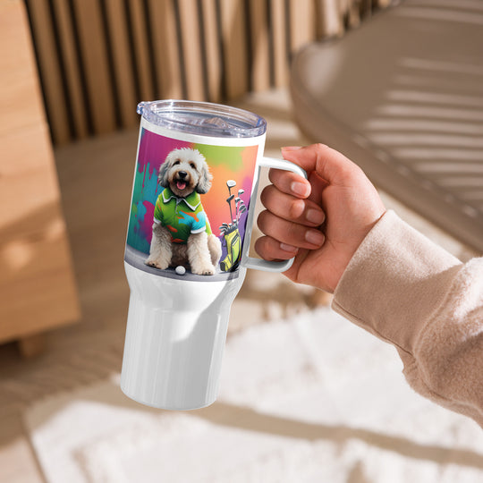 Bernedoodle Golfer- Travel mug with a handle v9