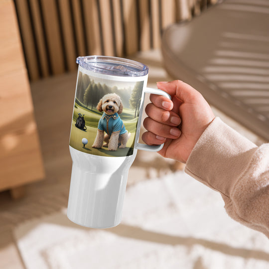 Goldendoodle Golfer- Travel mug with a handle v6