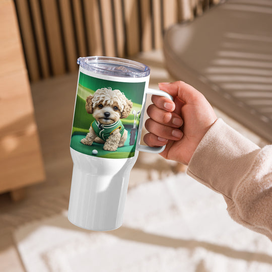 Maltipoo Golfer- Travel mug with a handle v7