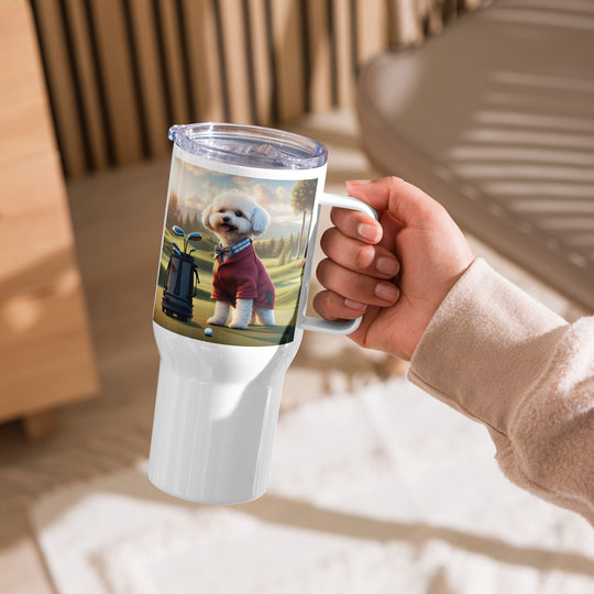 Maltipoo Golfer- Travel mug with a handle v10