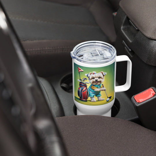 Morkie Golfer- Travel mug with a handle v4