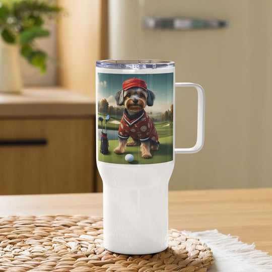 Yorkipoo Golfer- Travel mug with a handle v2