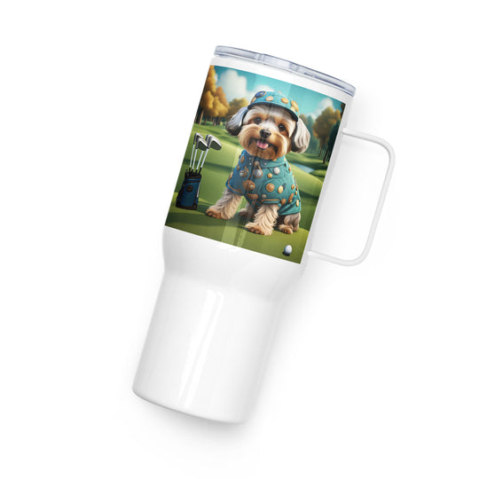 Yorkipoo Golfer- Travel mug with a handle v3