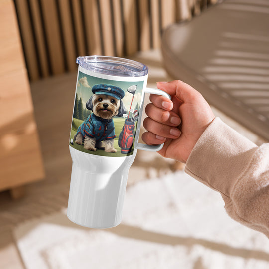 Yorkipoo Golfer- Travel mug with a handle v4