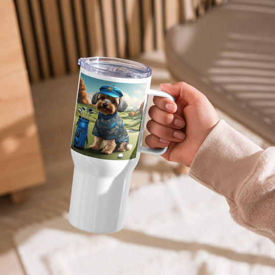 Yorkipoo Golfer- Travel mug with a handle v10