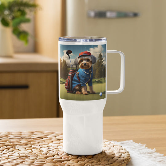 Yorkipoo Golfer- Travel mug with a handle v16