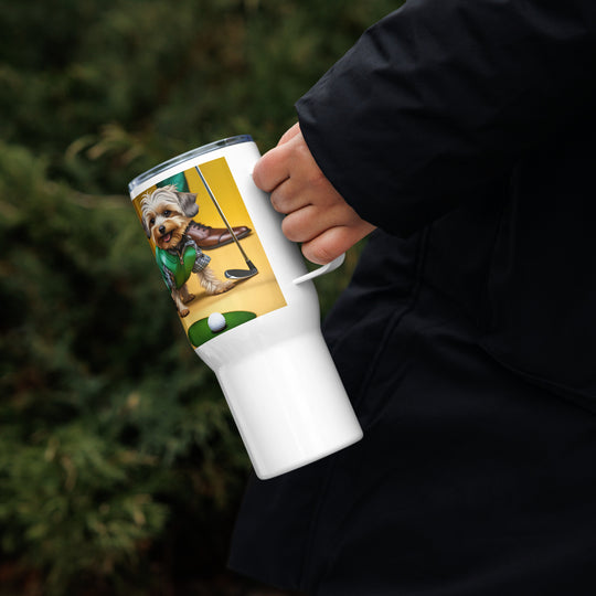 Yorkipoo Golfer- Travel mug with a handle v12