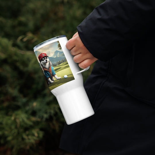 Pomsky Golfer- Travel mug with a handle v7