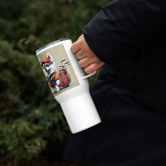 Pomsky Golfer- Travel mug with a handle v14