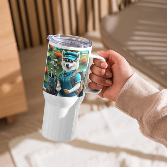 Pomsky Golfer- Travel mug with a handle v15