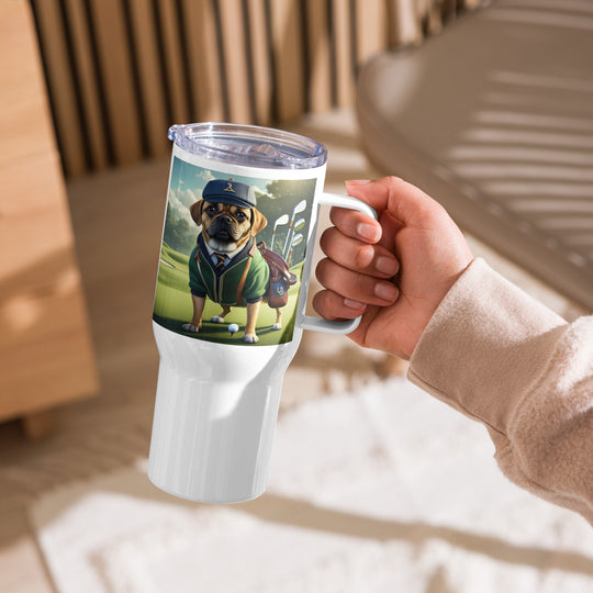 Puggle Golfer- Travel mug with a handle v16