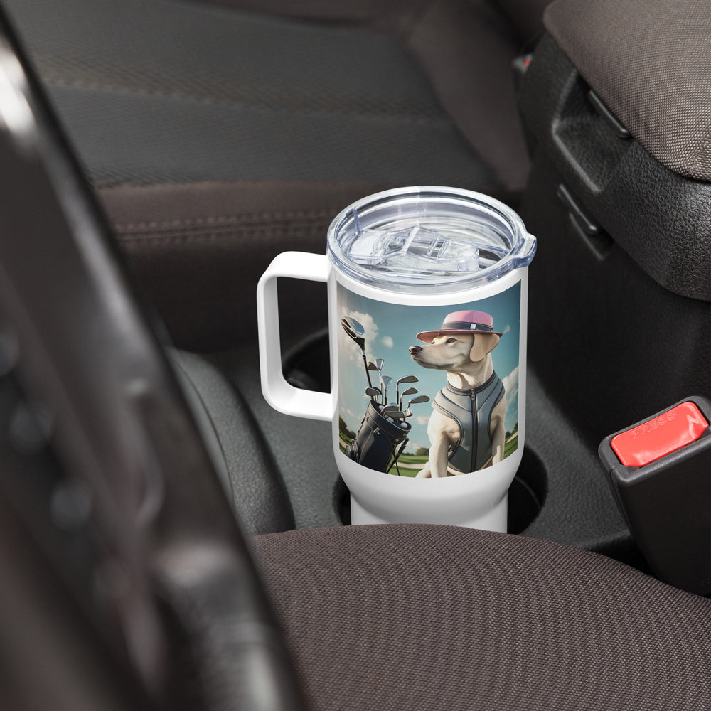 Travel mug with a handle-Labrador Retriever Golfer V8