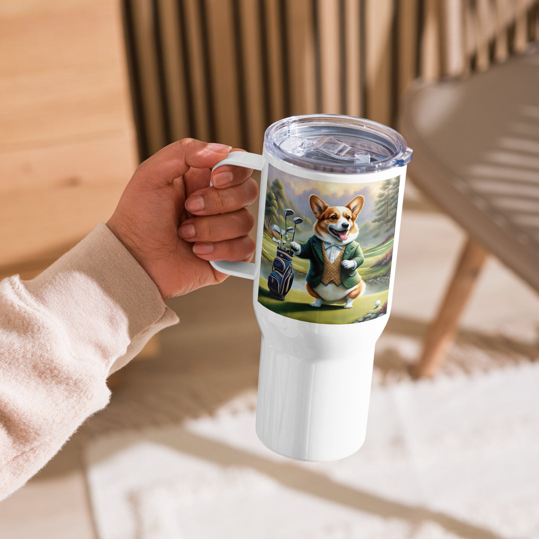 Pembroke Welsh Corgi Golfer- Travel mug with a handle v4