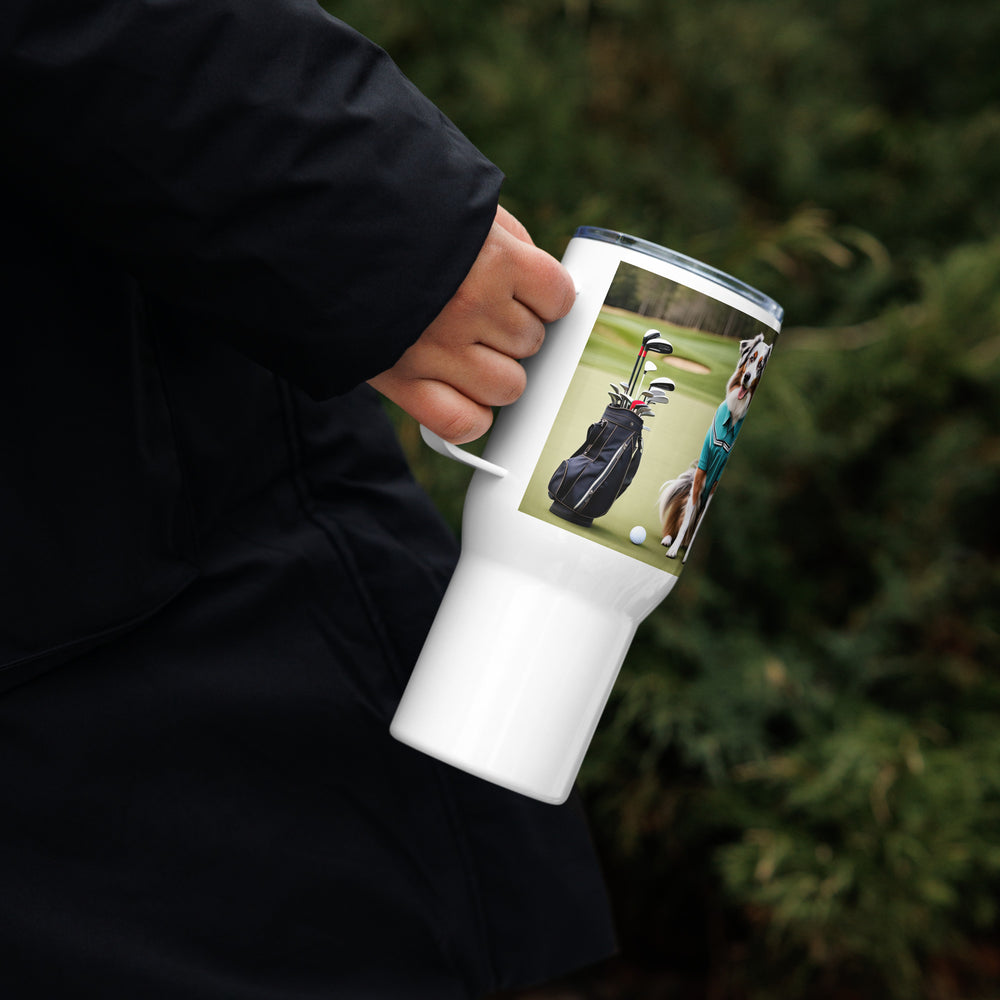 Australian Shepherd Golfer- Travel mug with a handle v4