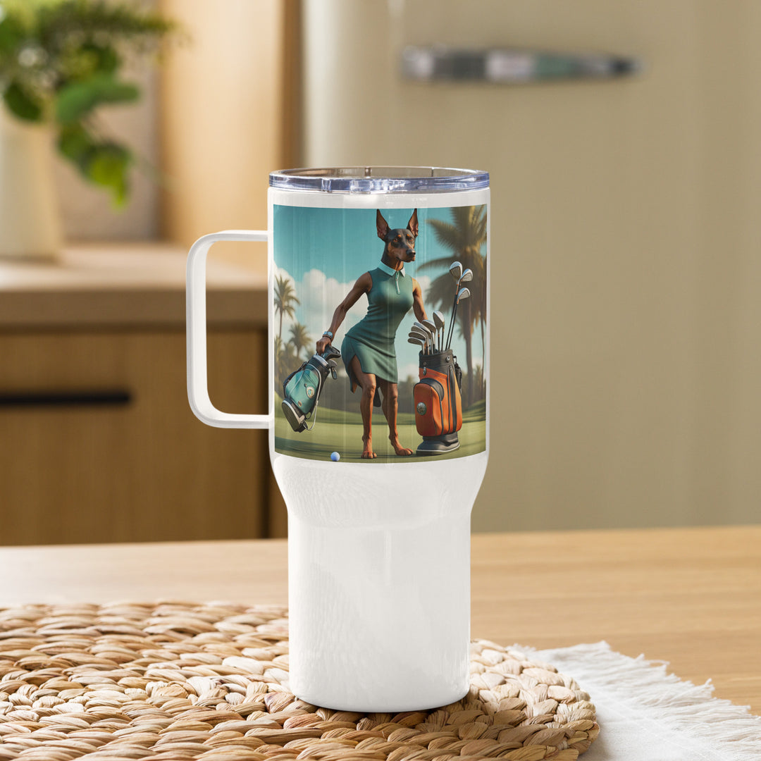 Doberman Pinscher Golfer- Travel mug with a handle v2