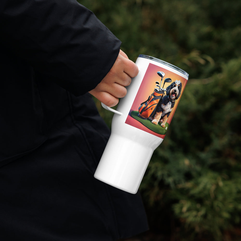 Bernedoodle Golfer- Travel mug with a handle v5