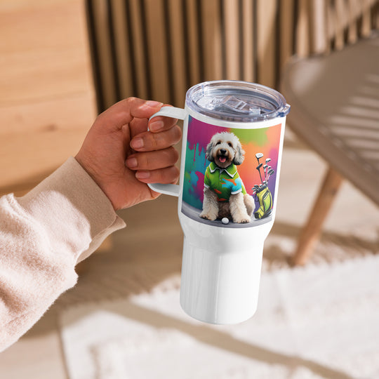 Bernedoodle Golfer- Travel mug with a handle v9