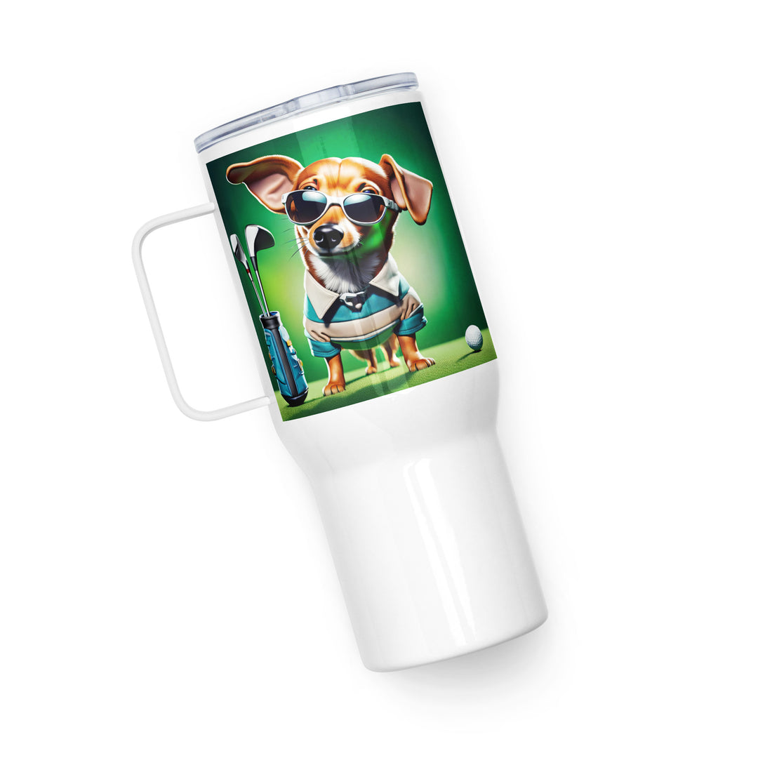 Chiweenie Golfer- Travel mug with a handle v6