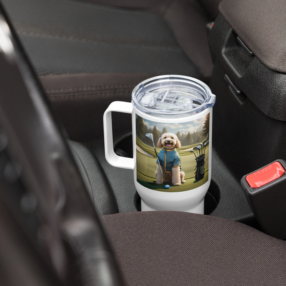 Goldendoodle Golfer- Travel mug with a handle v3