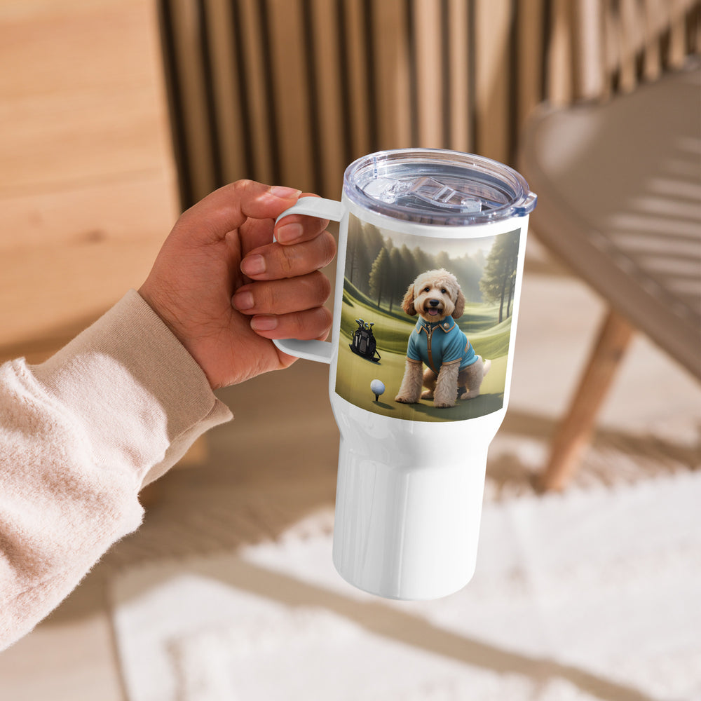 Goldendoodle Golfer- Travel mug with a handle v6