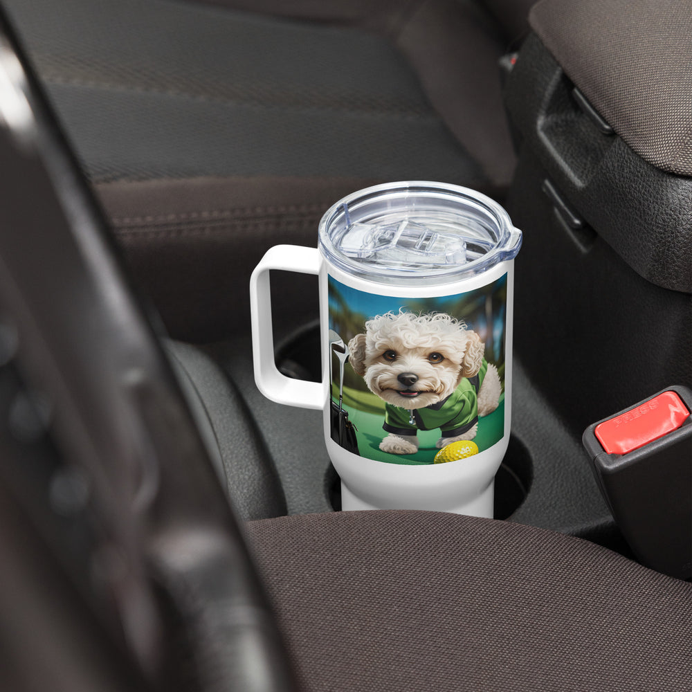 Maltipoo Golfer- Travel mug with a handle v5