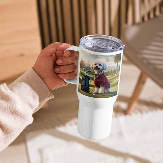 Maltipoo Golfer- Travel mug with a handle v10