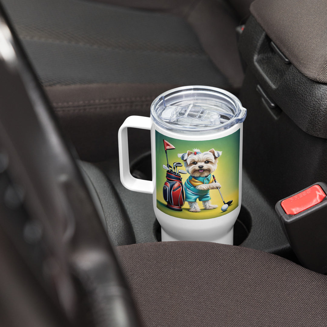 Morkie Golfer- Travel mug with a handle v4