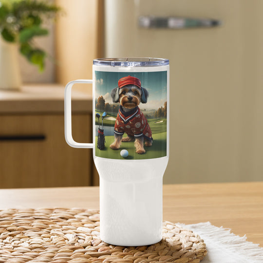 Yorkipoo Golfer- Travel mug with a handle v2