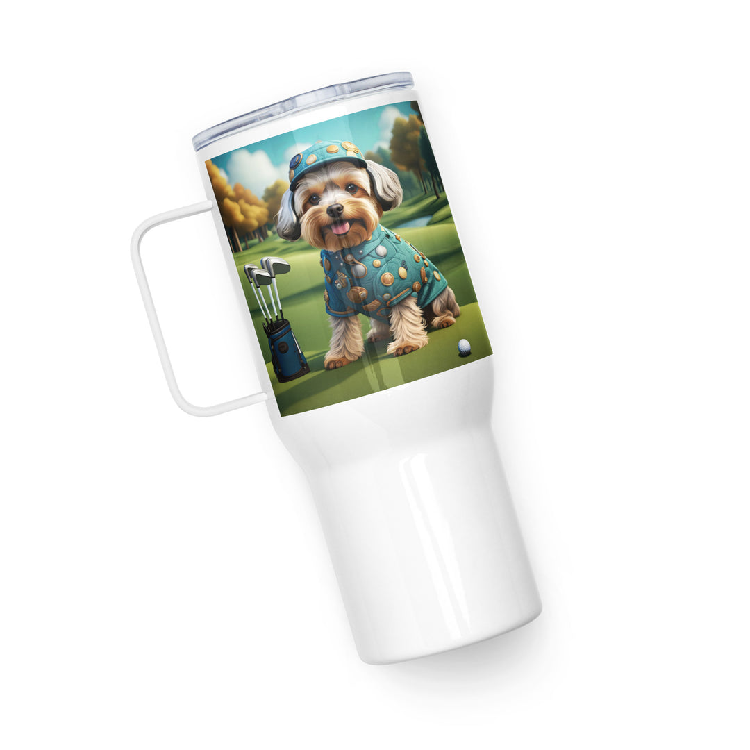 Yorkipoo Golfer- Travel mug with a handle v3