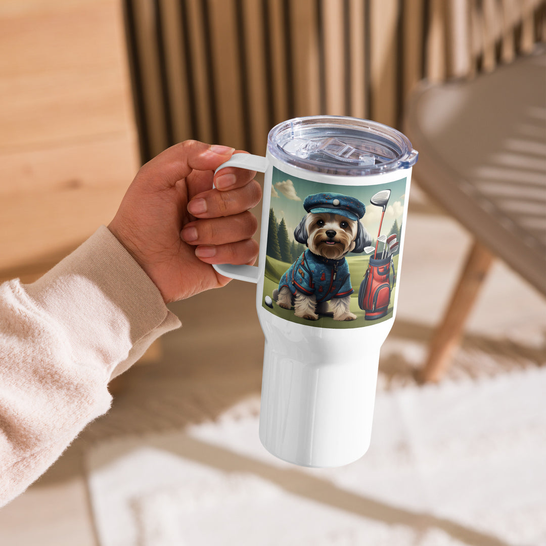 Yorkipoo Golfer- Travel mug with a handle v4