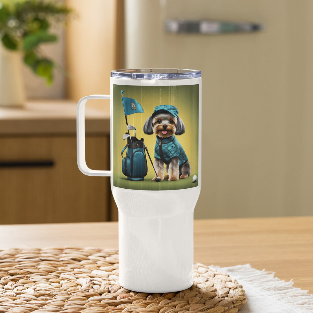 Yorkipoo Golfer- Travel mug with a handle v7