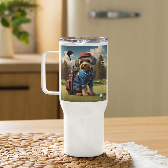 Yorkipoo Golfer- Travel mug with a handle v16