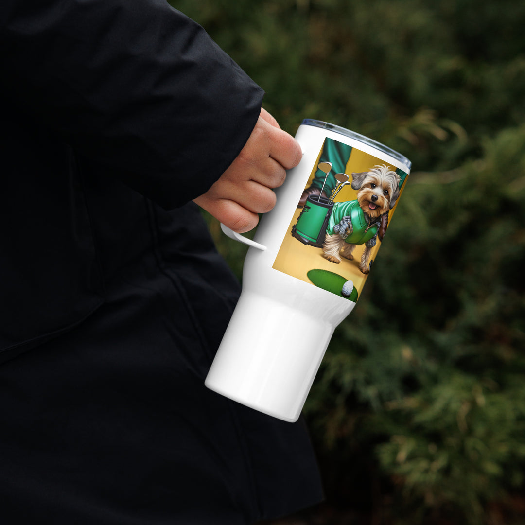 Yorkipoo Golfer- Travel mug with a handle v12