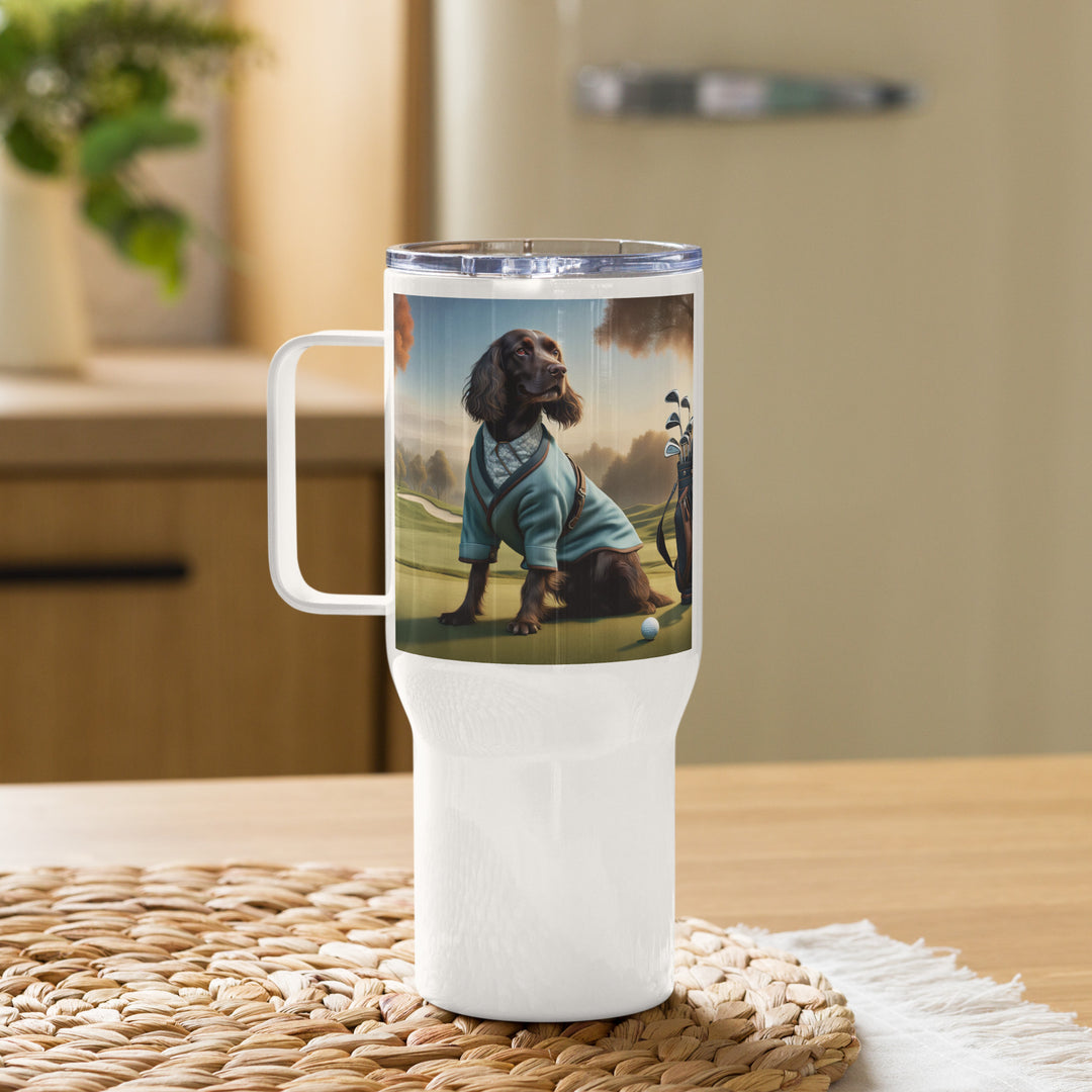 Sprocker Spaniel Golfer- Travel mug with a handle v3