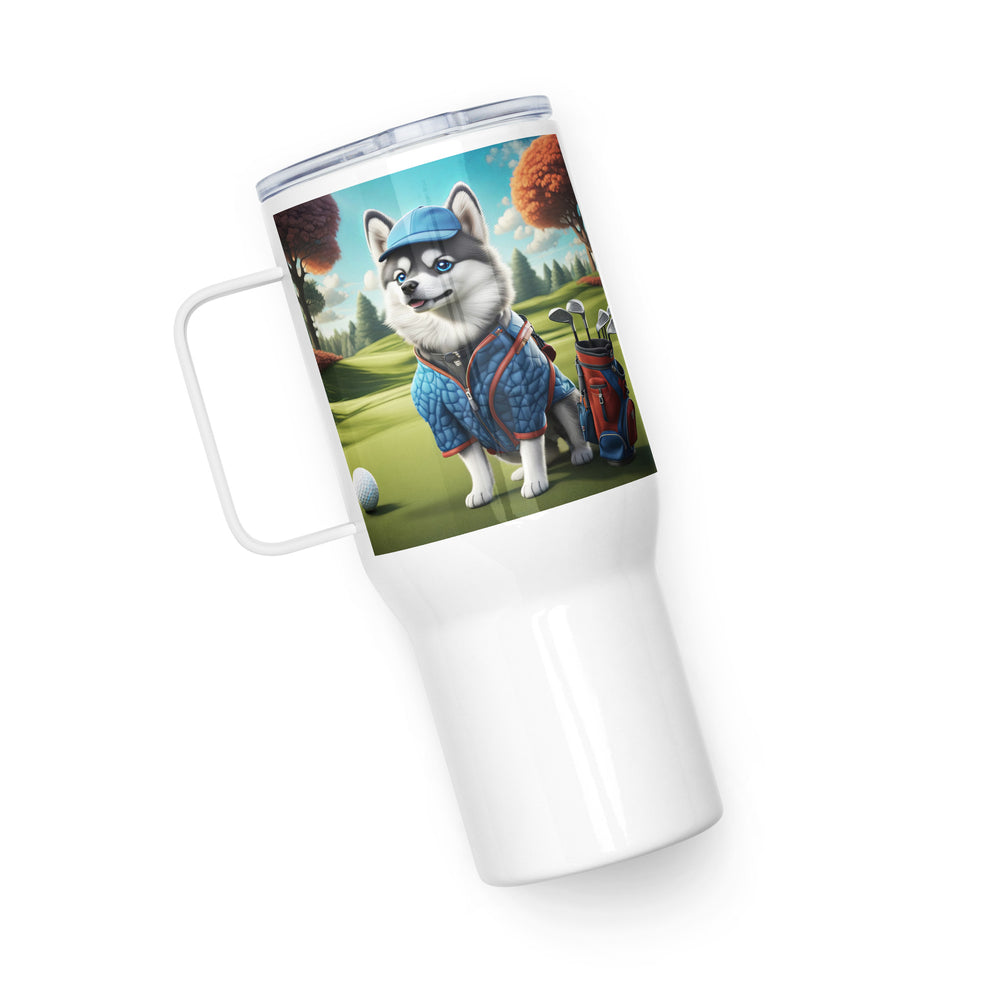 Pomsky Golfer- Travel mug with a handle v5