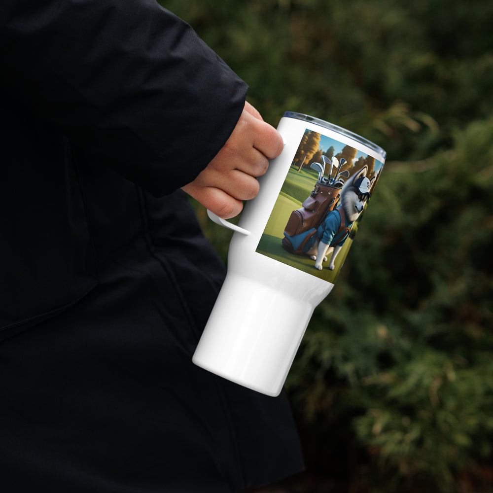 Pomsky Golfer- Travel mug with a handle v10