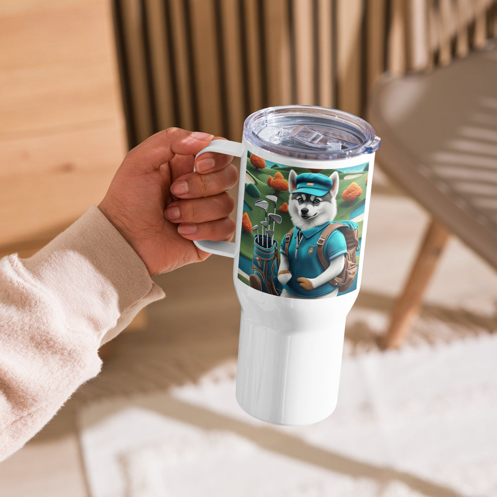 Pomsky Golfer- Travel mug with a handle v15