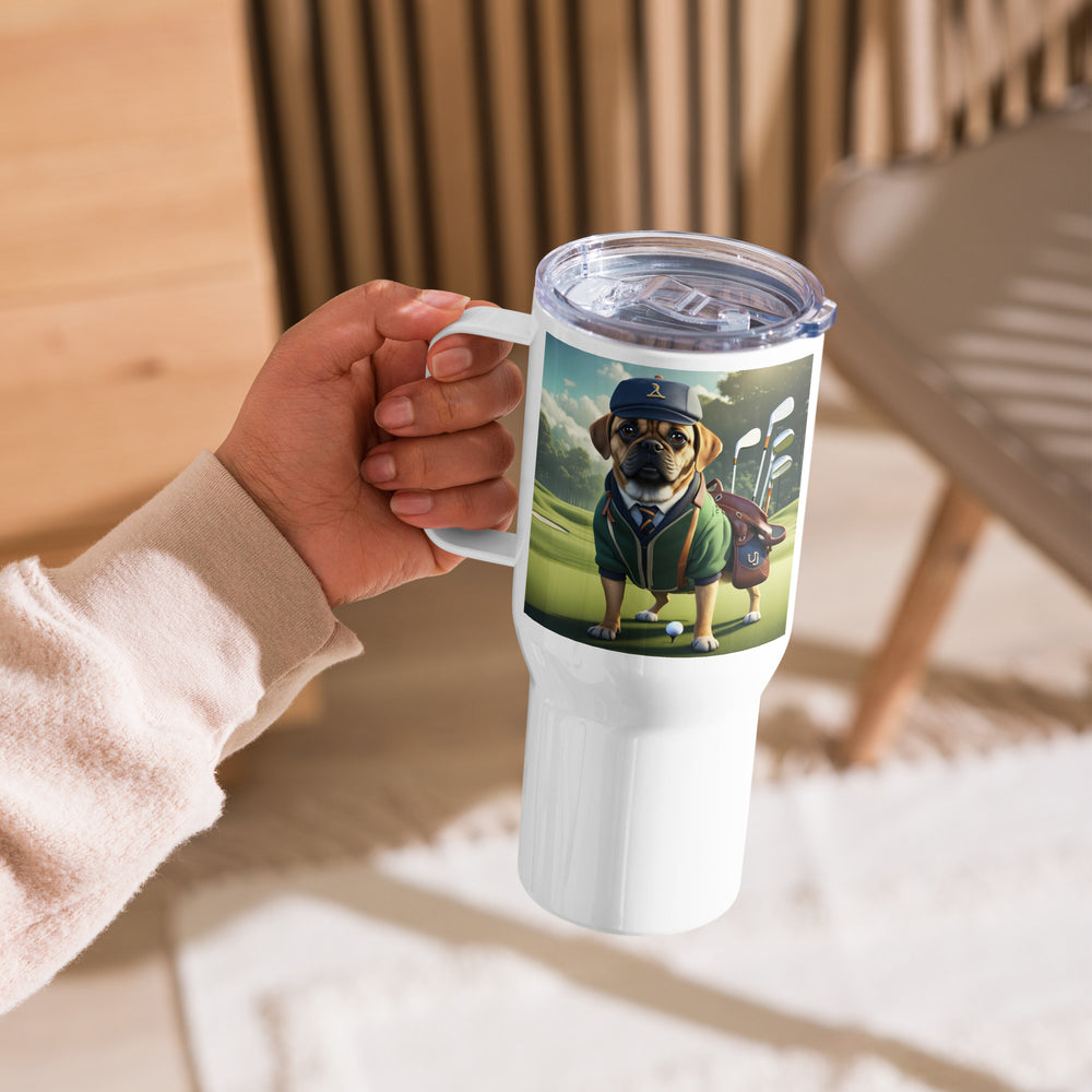 Puggle Golfer- Travel mug with a handle v16